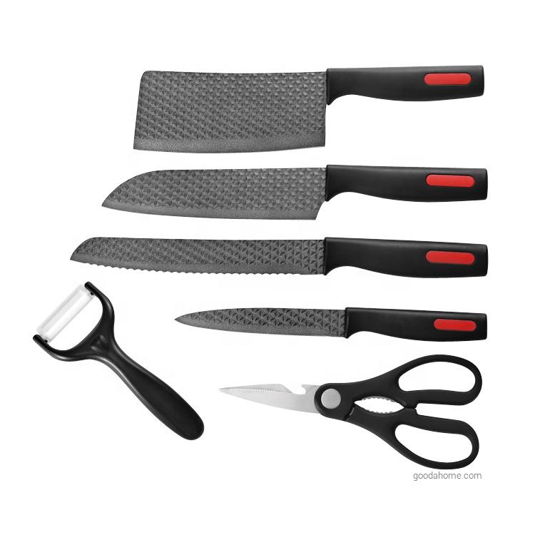 Набор из 6 кухонных ножей с пластиковой ручкой с черным покрытием